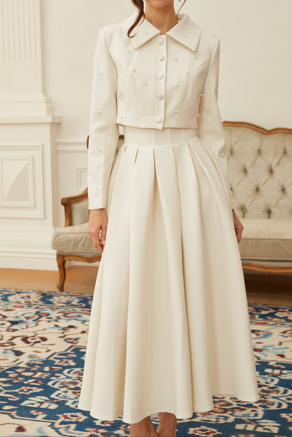 Flowering Girl Women Pearl Embellished Collar Crop Blazer &amp; High Waist Pleated Midi Skirt Two Piece Set