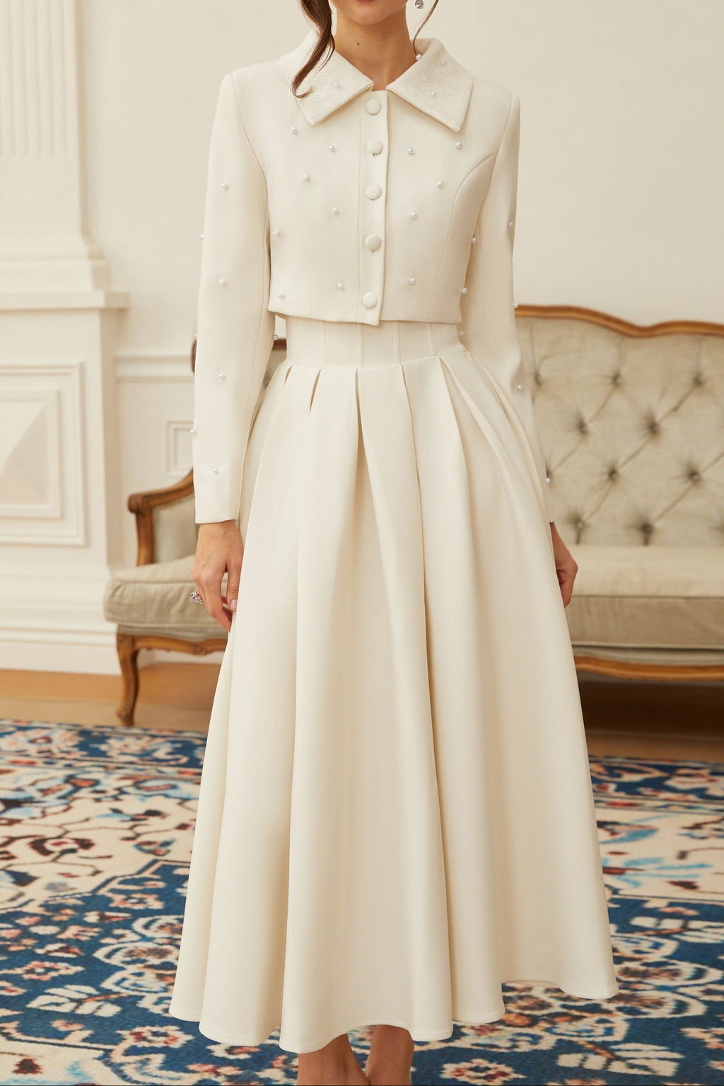 Flowering Girl Women Pearl Embellished Collar Crop Blazer &amp; High Waist Pleated Midi Skirt Two Piece Set