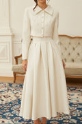 Flowering Girl Women Pearl Embellished Collar Crop Blazer &amp; High Waist Pleated Midi Skirt Two Piece Set