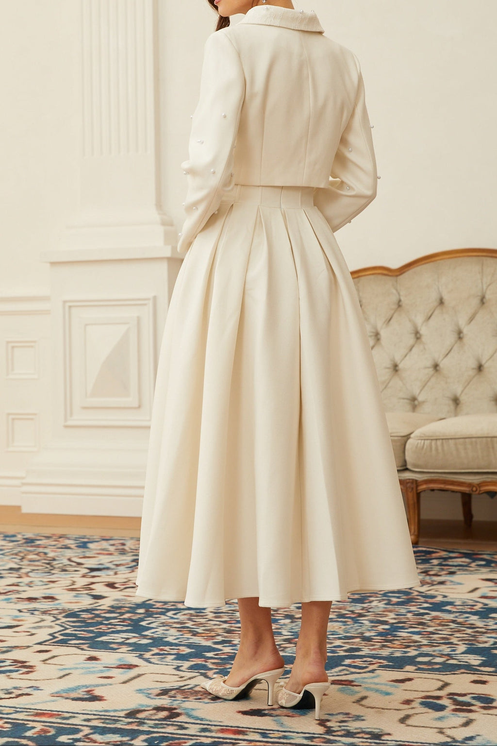 Flowering Girl Women Pearl Embellished Collar Crop Blazer &amp; High Waist Pleated Midi Skirt Two Piece Set