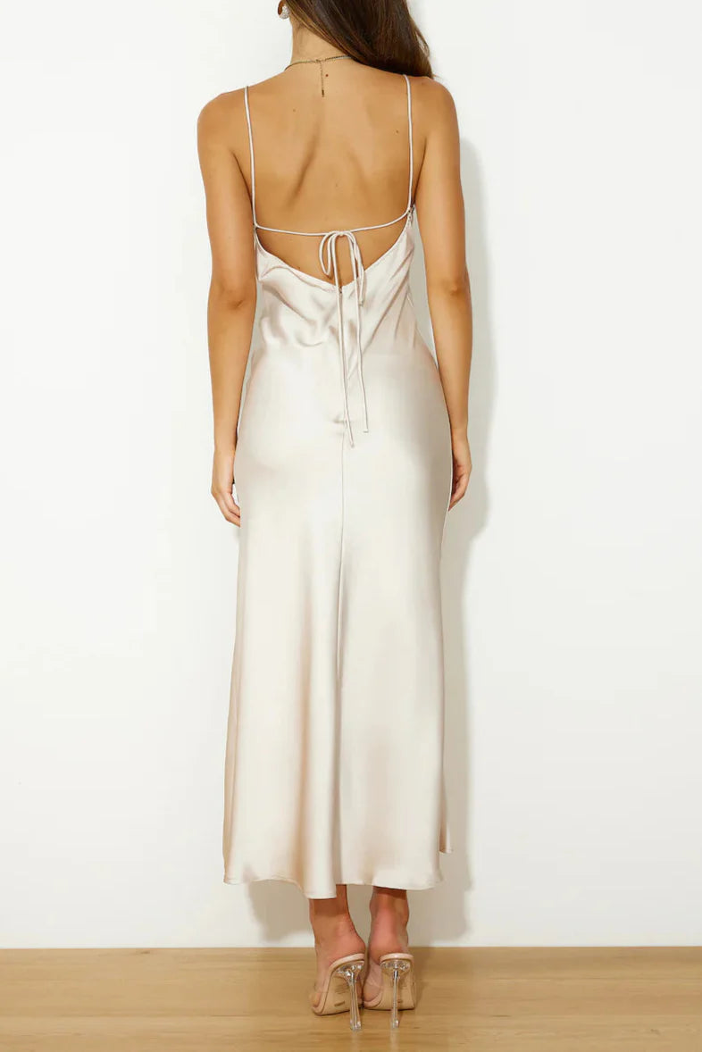Flowering Girl Women Satin Slit Midi Dress In Champagne