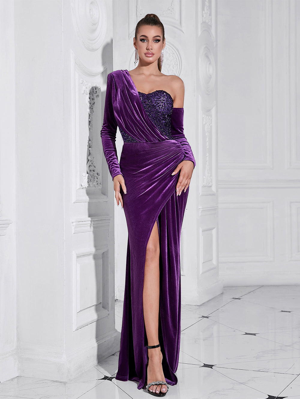 Flowering Girl Women One Shoulder Sequin-Embellished Velvet Maxi Dress In Purple