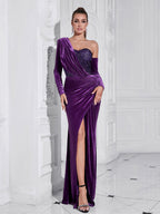 Flowering Girl Women One Shoulder Sequin-Embellished Velvet Maxi Dress In Purple