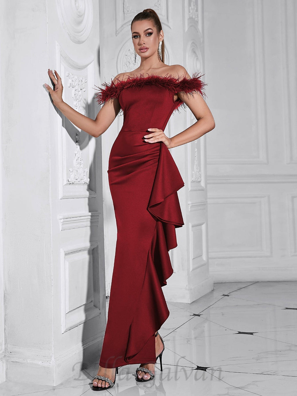 Flowering Girl Women Draped Sheath feather detail maxi Dress in red