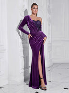 Flowering Girl Women One Shoulder Sequin-Embellished Velvet Maxi Dress In Purple