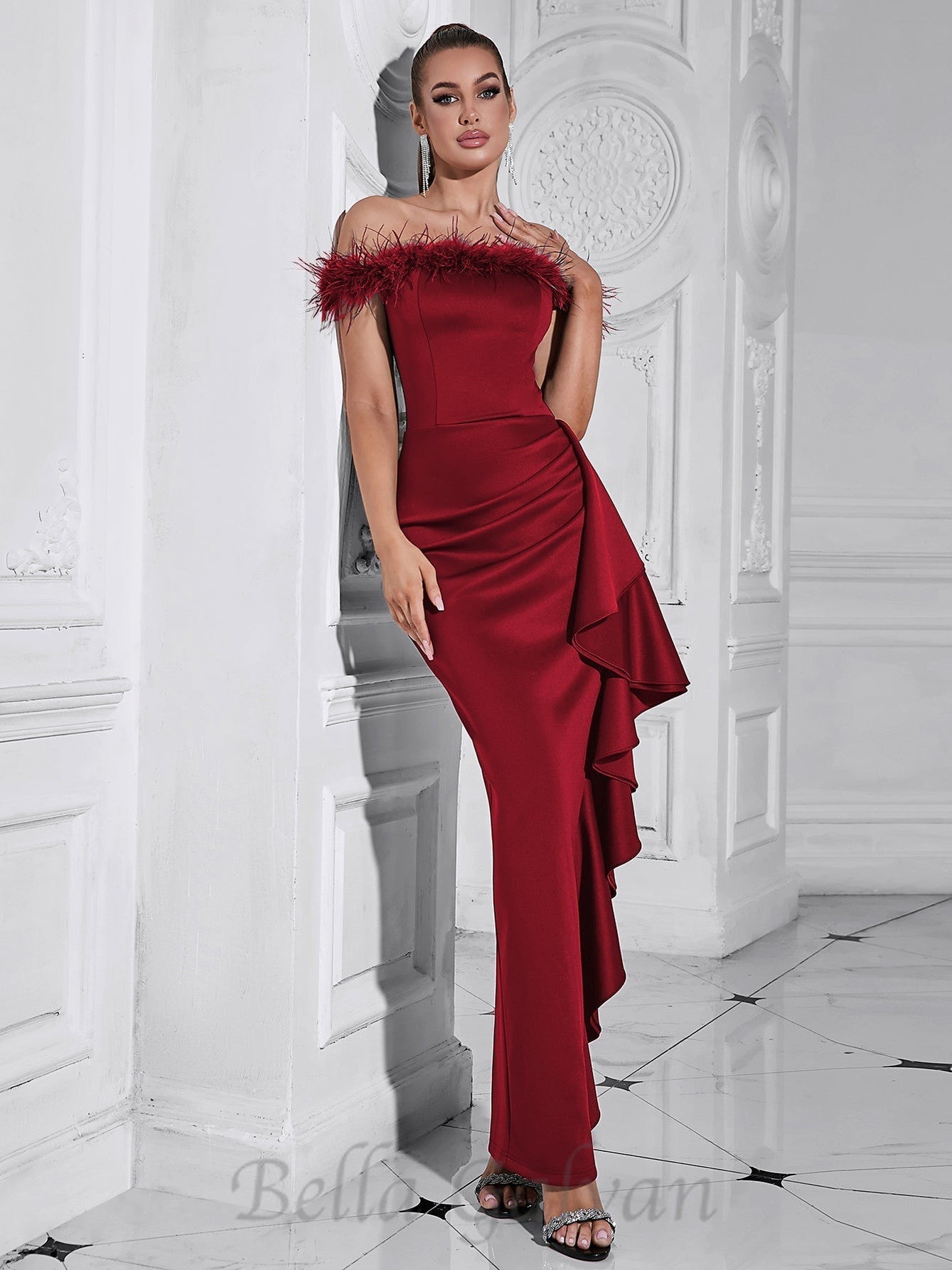 Flowering Girl Women Draped Sheath feather detail maxi Dress in red