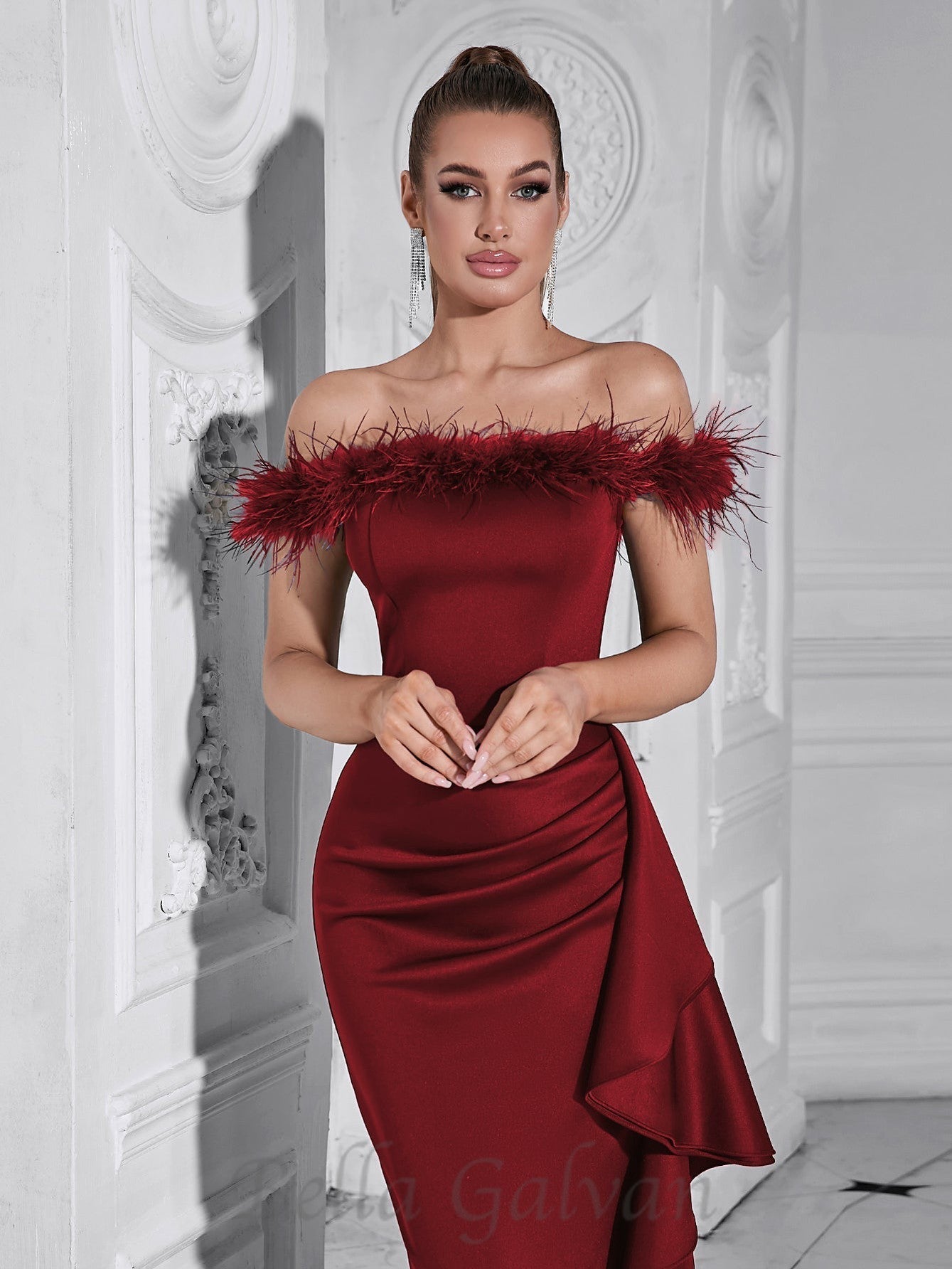 Flowering Girl Women Draped Sheath feather detail maxi Dress in red