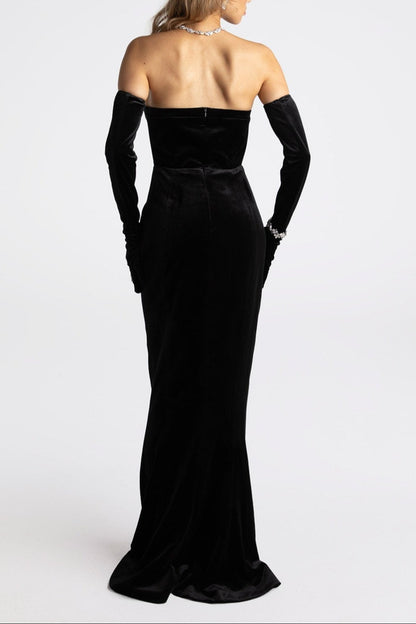 ellen high slit velvet strapless maxi dress in black