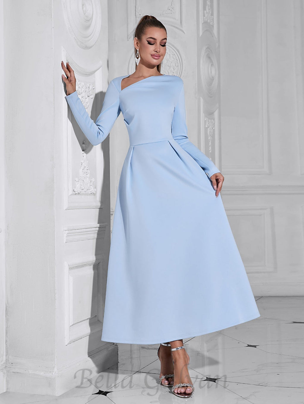 Flowering Girl Women long sleeve satin a-line maxi dress in blue