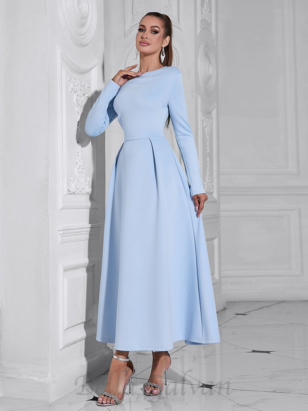 Flowering Girl Women long sleeve satin a-line maxi dress in blue