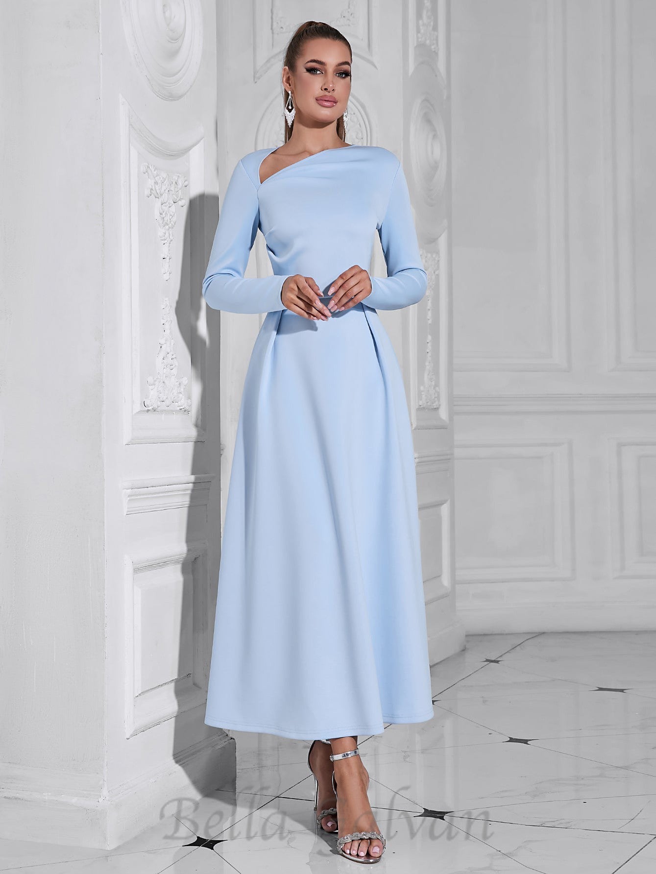 Flowering Girl Women long sleeve satin a-line maxi dress in blue