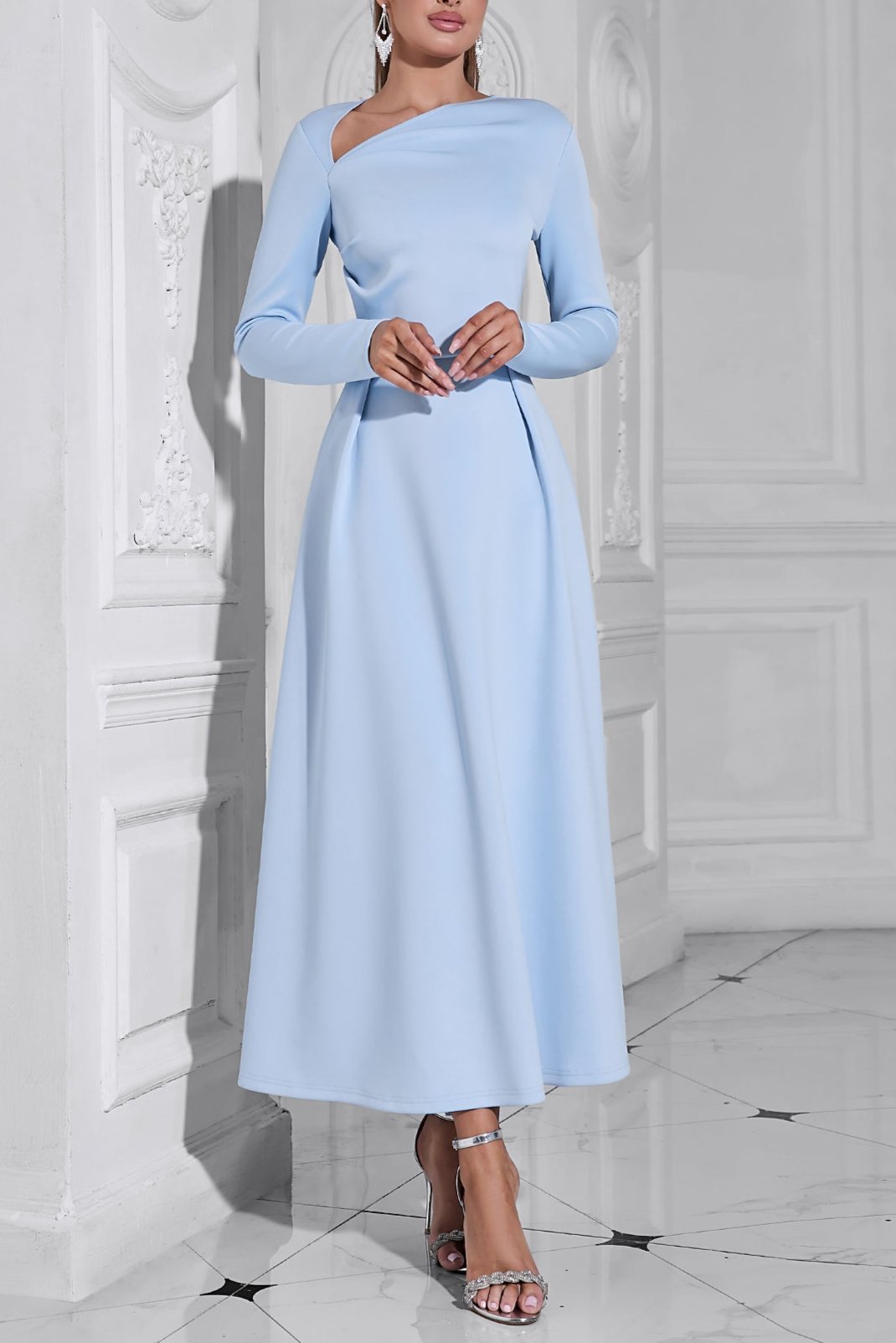 Flowering Girl Women Long Sleeve Satin a-Line Maxi Dress In Blue