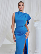 Flowering Girl Women pleated high slit maxi dress in blue
