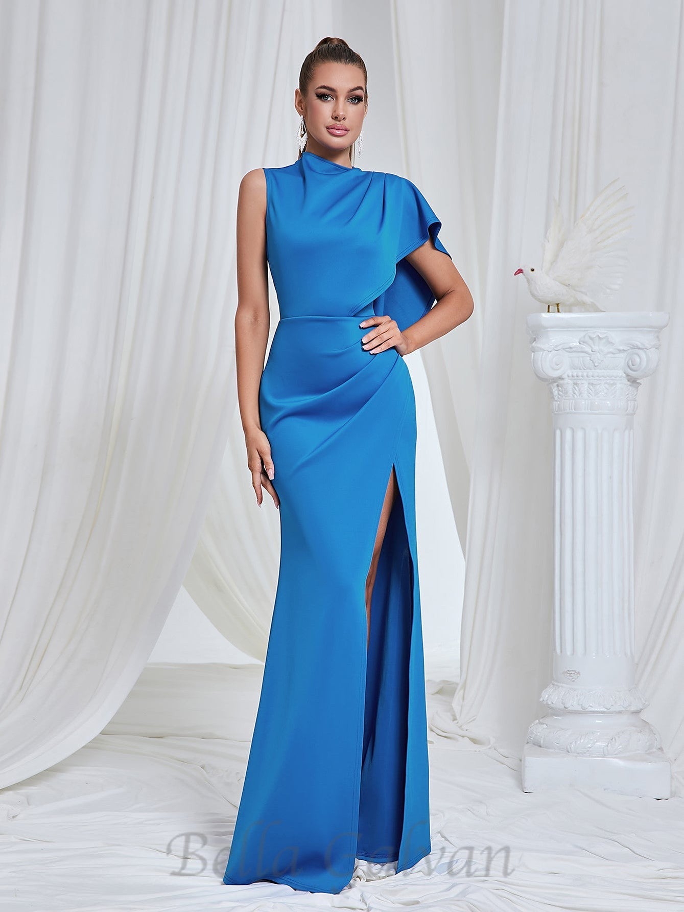 Flowering Girl Women pleated high slit maxi dress in blue
