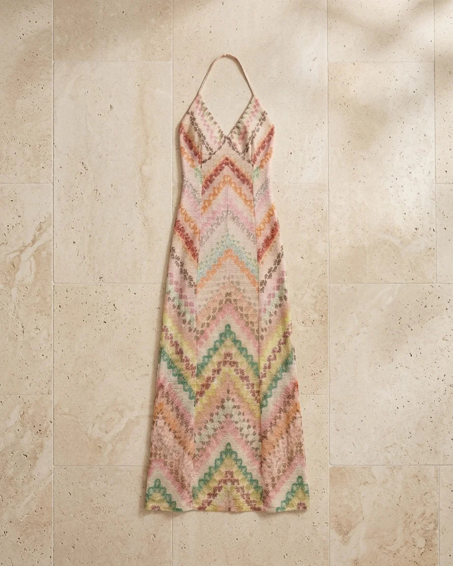 Chevron Rainbow Crochet Cross-Back Spaghetti Strap Maxi Dress