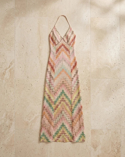 Chevron Rainbow Crochet Cross-Back Spaghetti Strap Maxi Dress
