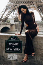 Jacqueline Turtleneck Long Sleeve Cutout Bodycon Gown In Brown