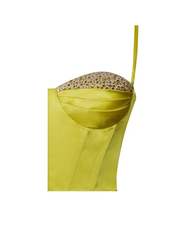 Flowering Girl Women Lemon Yellow Pleated Satin Mini Dress