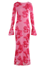 Floral Lace Lined Flute Cuffs Midi Dress