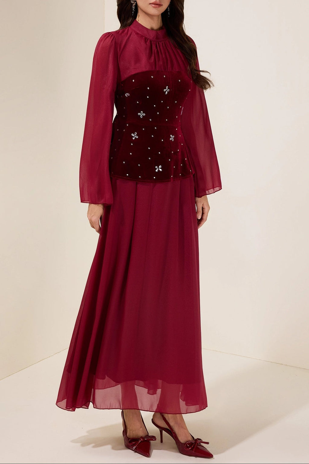 Flowering Girl Women caroline Rhinestone Velvet Splicing Maxi Dress - burgundy