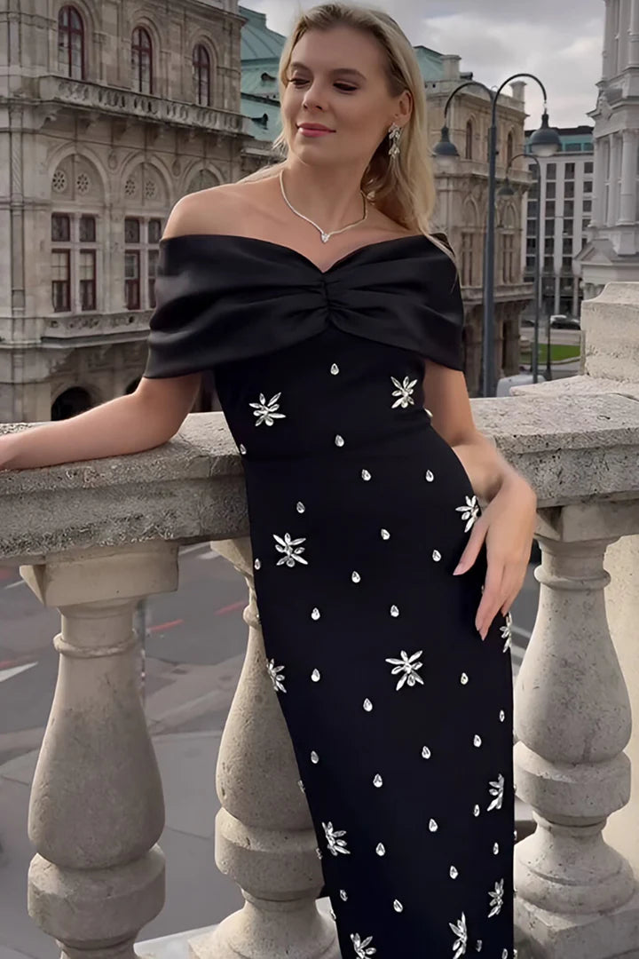 Flowering Girl Women draped bardot crystal detail maxi dress in black