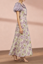 Purple Floral Puff Sleeve Midi Dress