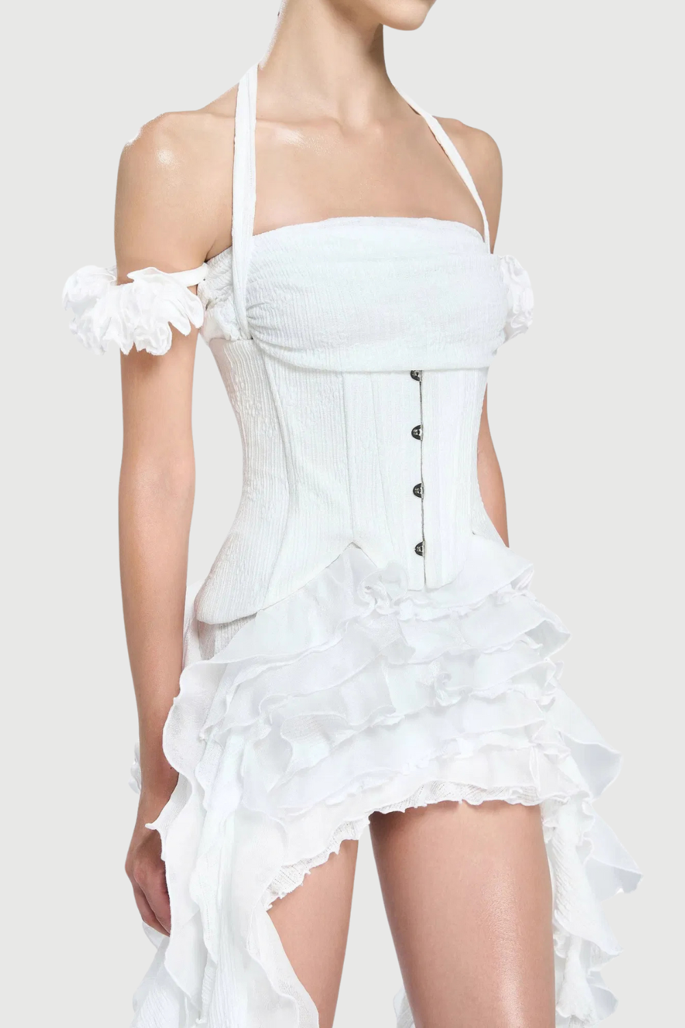 Flowering Girl Women elva halter three-dimensional flower irregular tassel mini dress in white