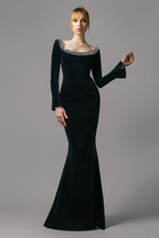 Flowering Girl Women black crepe gown with crystal neckline