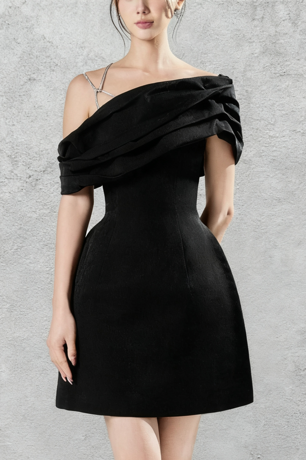 Flowering Girl Women Asymmetric Neck Taffeta Mini Dress In Black