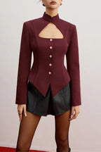 Flowering Girl Women Stand Collar Cutout Blazer