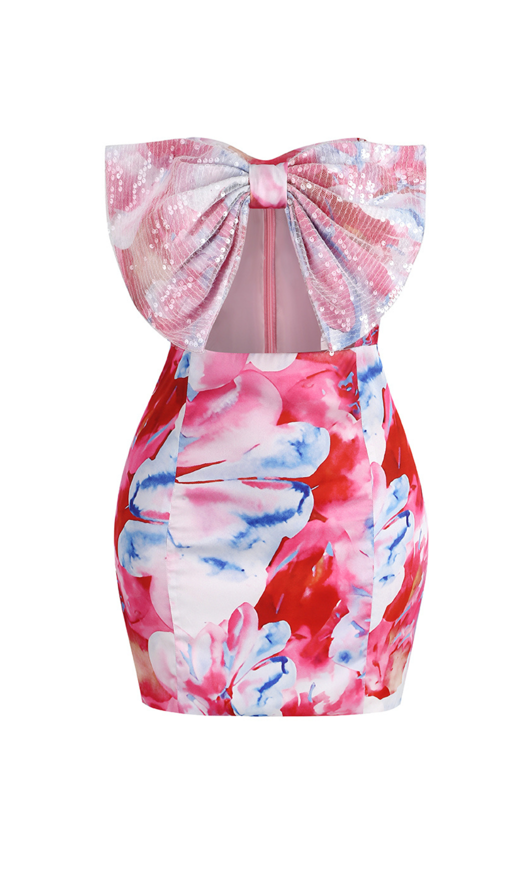 Flowering Girl Women Strapless Large Bow Decorated Printed Hip Mini Dress