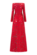 Flowering Girl Women rhinestone boat neck floral hollow lasercut maxi dress - red