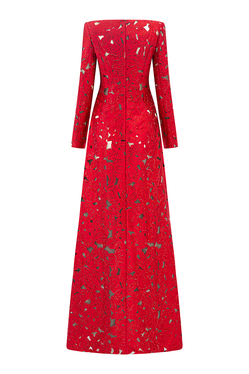 Flowering Girl Women rhinestone boat neck floral hollow lasercut maxi dress - red