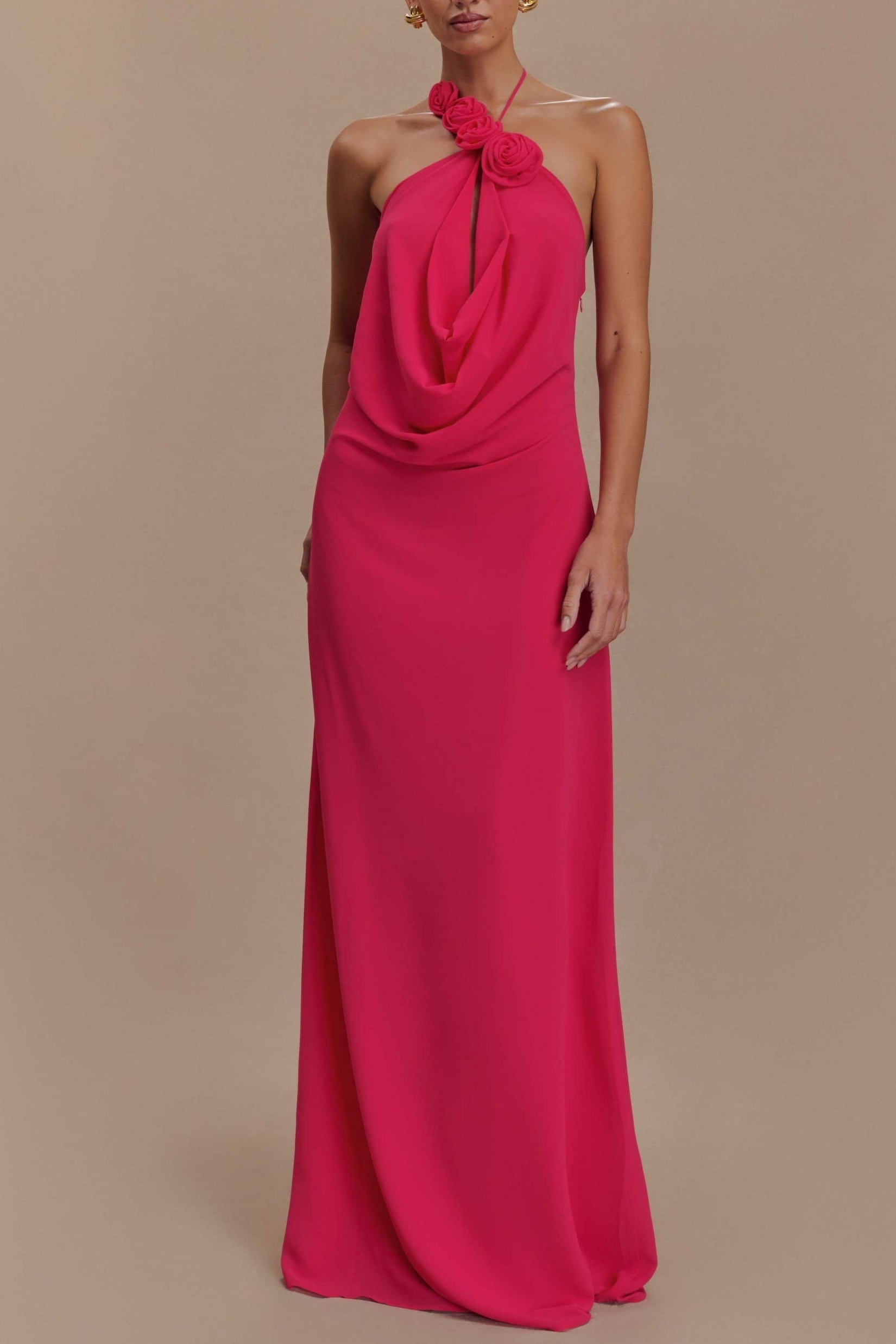 Floral halterneck high collar maxi dress in Rose Pink