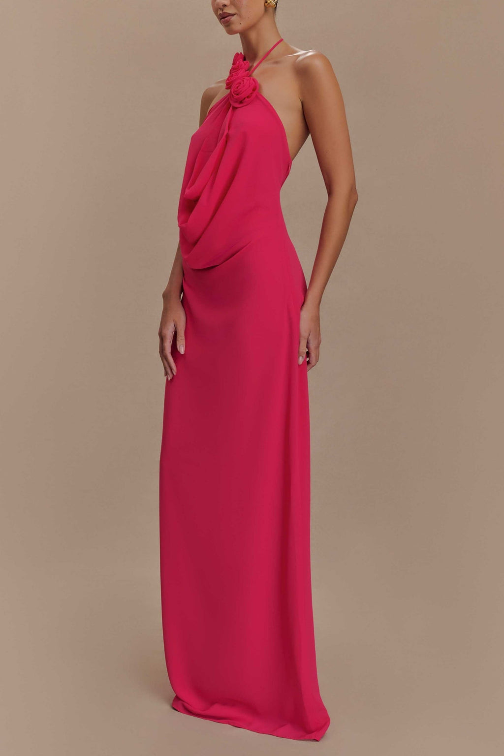 Flowering Girl Women Floral halterneck high collar maxi dress in Rose Pink