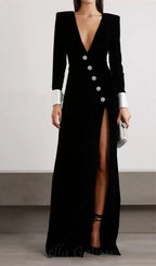 Flowering Girl Women CROWN BLACK LONG SLEEVE V-NECK MAXI DRESS
