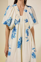 Flowering Girl Women susie Print Smocking Puff Sleeve Midi Dress - blue