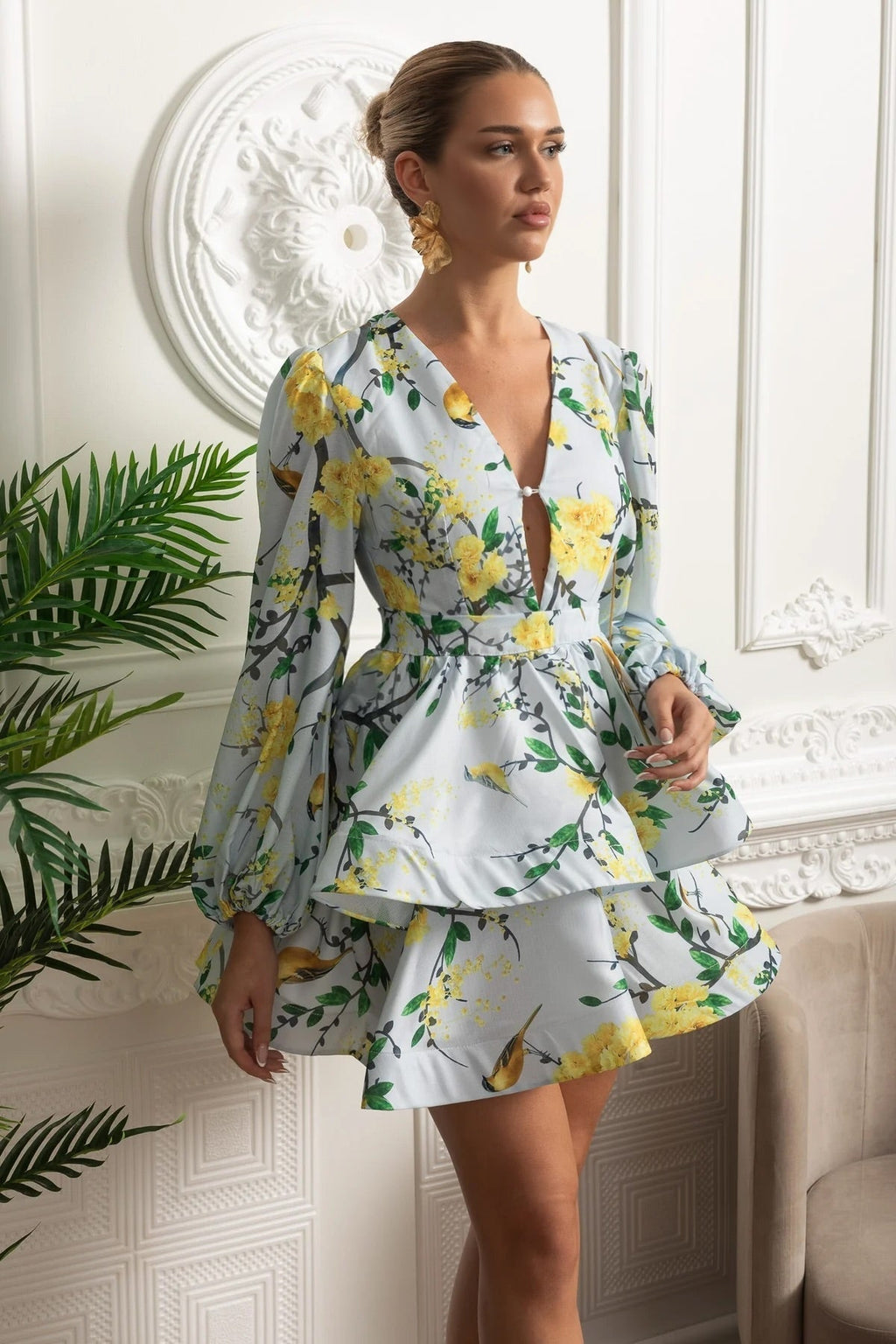 Flowering Girl Women Floral Romantic Mini Dress With Voluminous Sleeves And Peplum Detail - Sky Blue