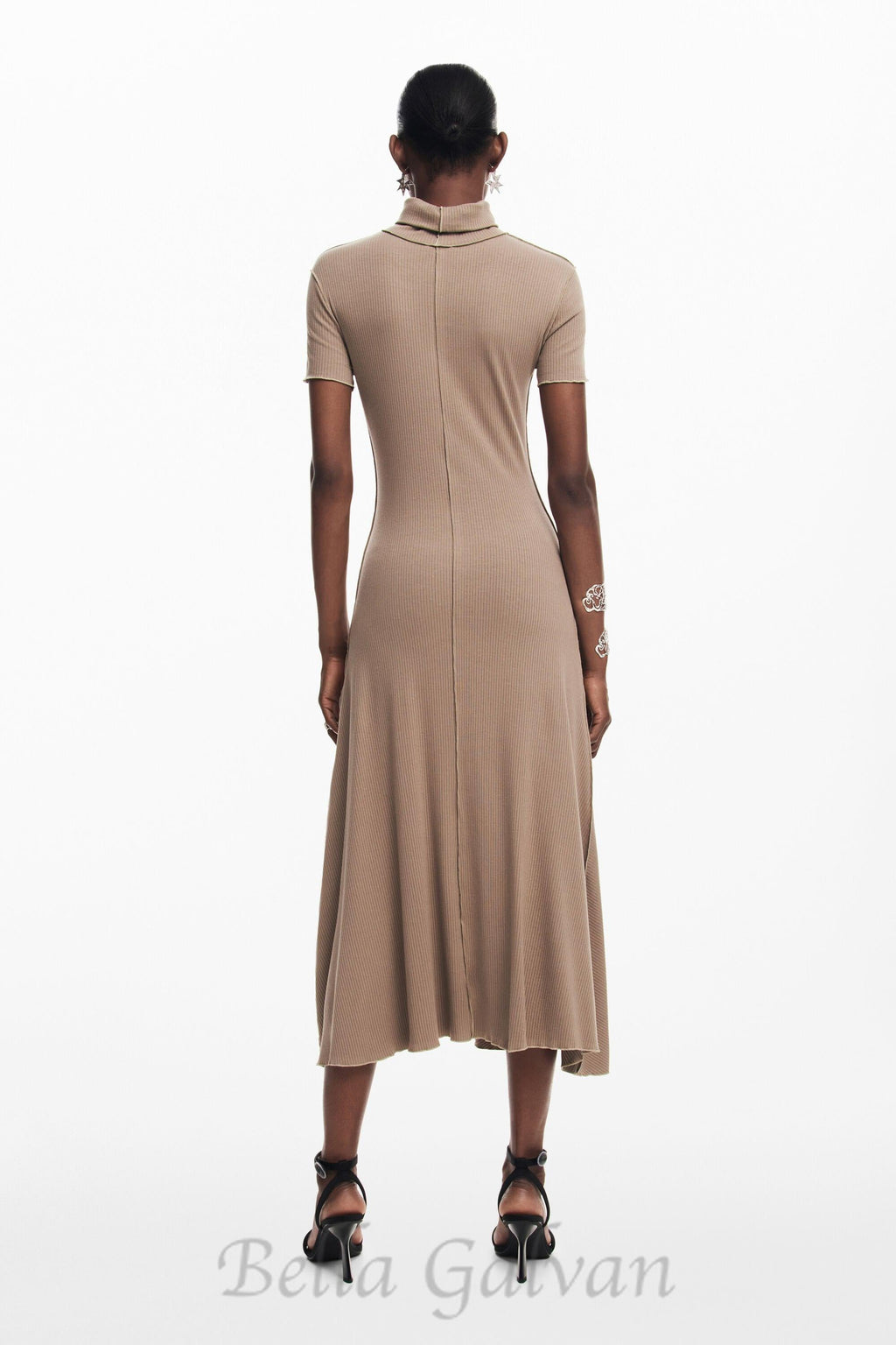 Flowering Girl Women camel bodycon midi dress with high neck