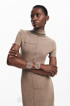 Flowering Girl Women camel bodycon midi dress with high neck
