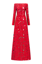 Flowering Girl Women rhinestone boat neck floral hollow lasercut maxi dress - red