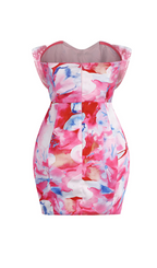 Flowering Girl Women Strapless Large Bow Decorated Printed Hip Mini Dress