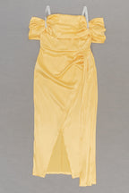 Flowering Girl Women Satin Drape High Split Midi Dresses In Yellow