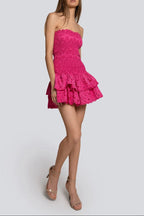 Eyelet Layered Strapless Mini Dress In Fuchsia