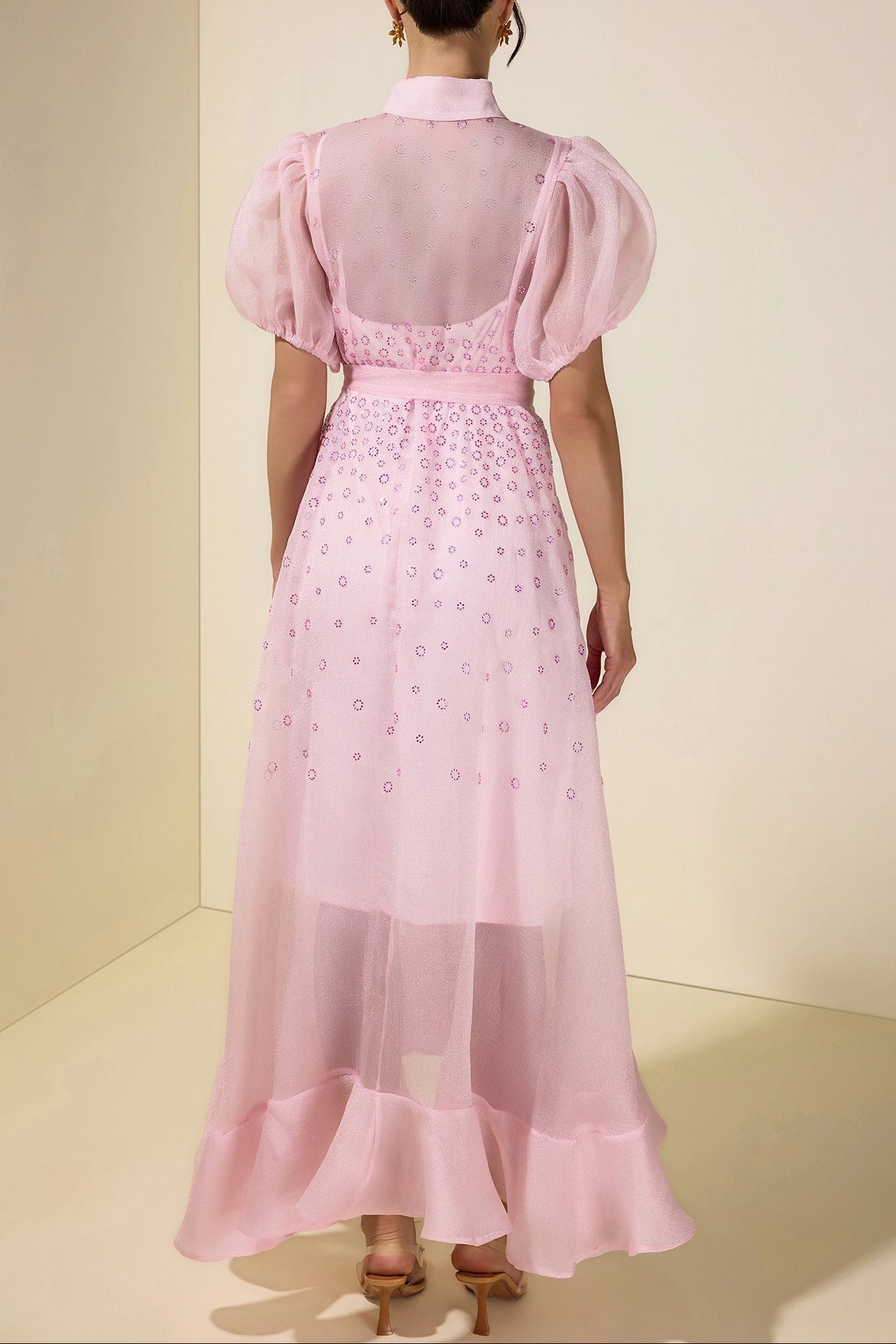 Flowering Girl Women sylvia Rhinestone Puff Sleeve Maxi Dress With Belt - pink