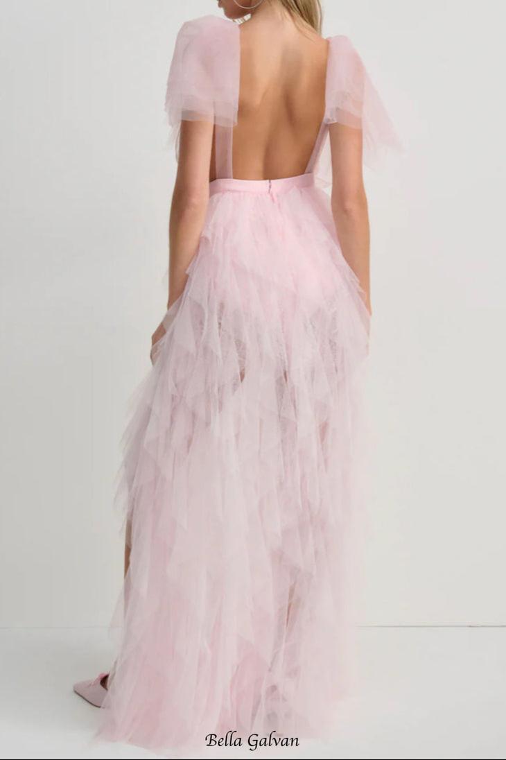 ruffle tulle atop floral lace mini dress in pink