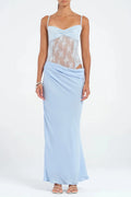 Hollow pleated suspenders with ruffles maxi dress in blue