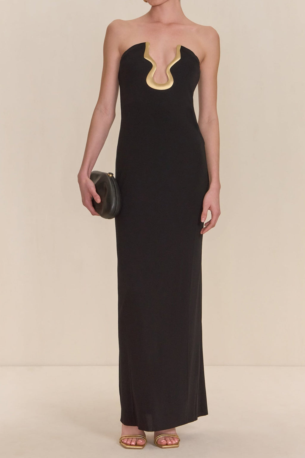 Flowering Girl Women signature gold hardware cutout strapless column gown in black