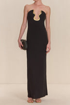 Flowering Girl Women signature gold hardware cutout strapless column gown in black