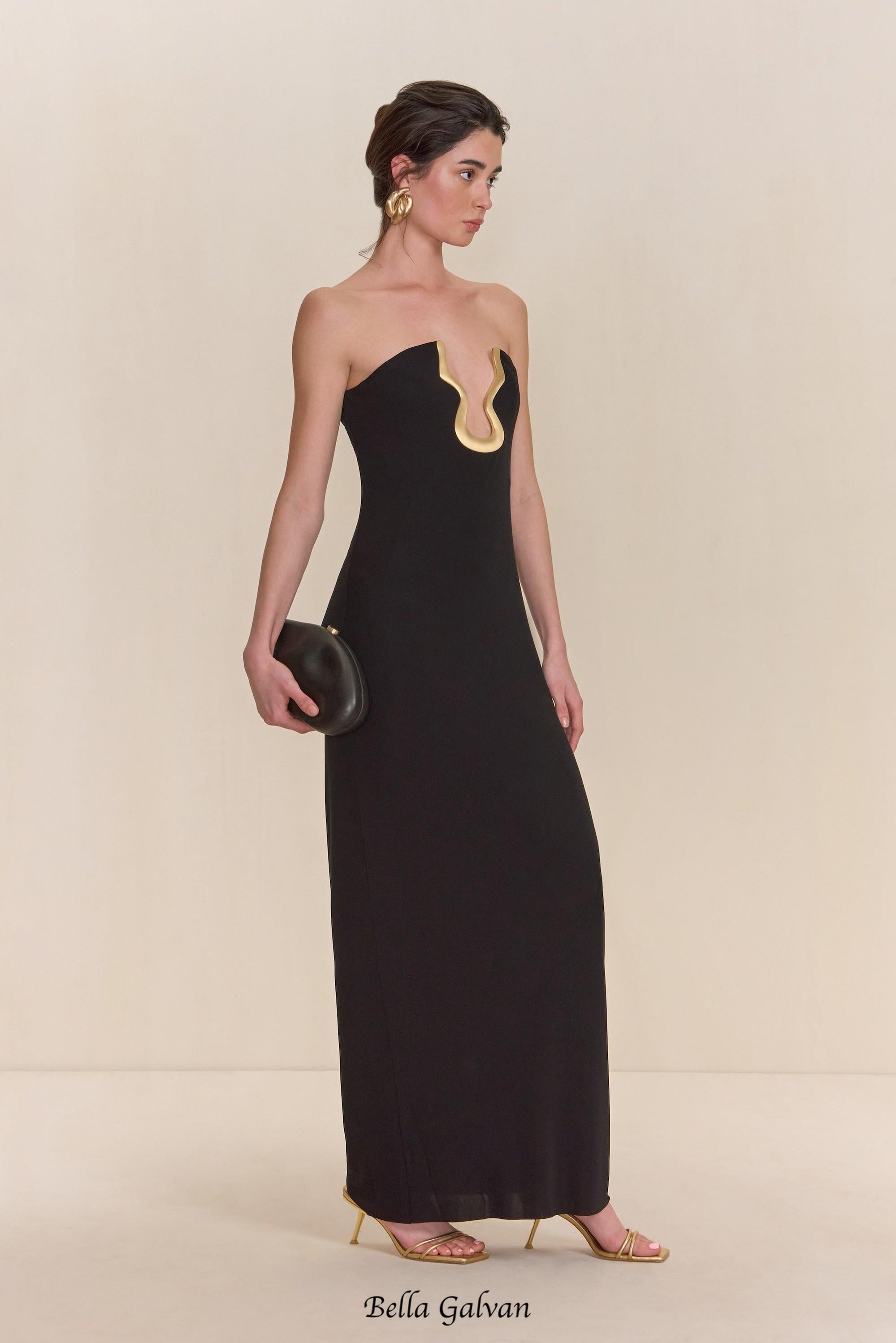 Flowering Girl Women signature gold hardware cutout strapless column gown in black